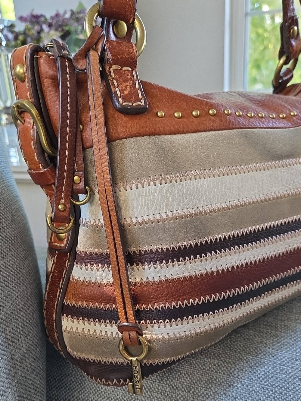 Fossil Multi-Stripe Leather Shoulder Bag in Brown & Neutrals